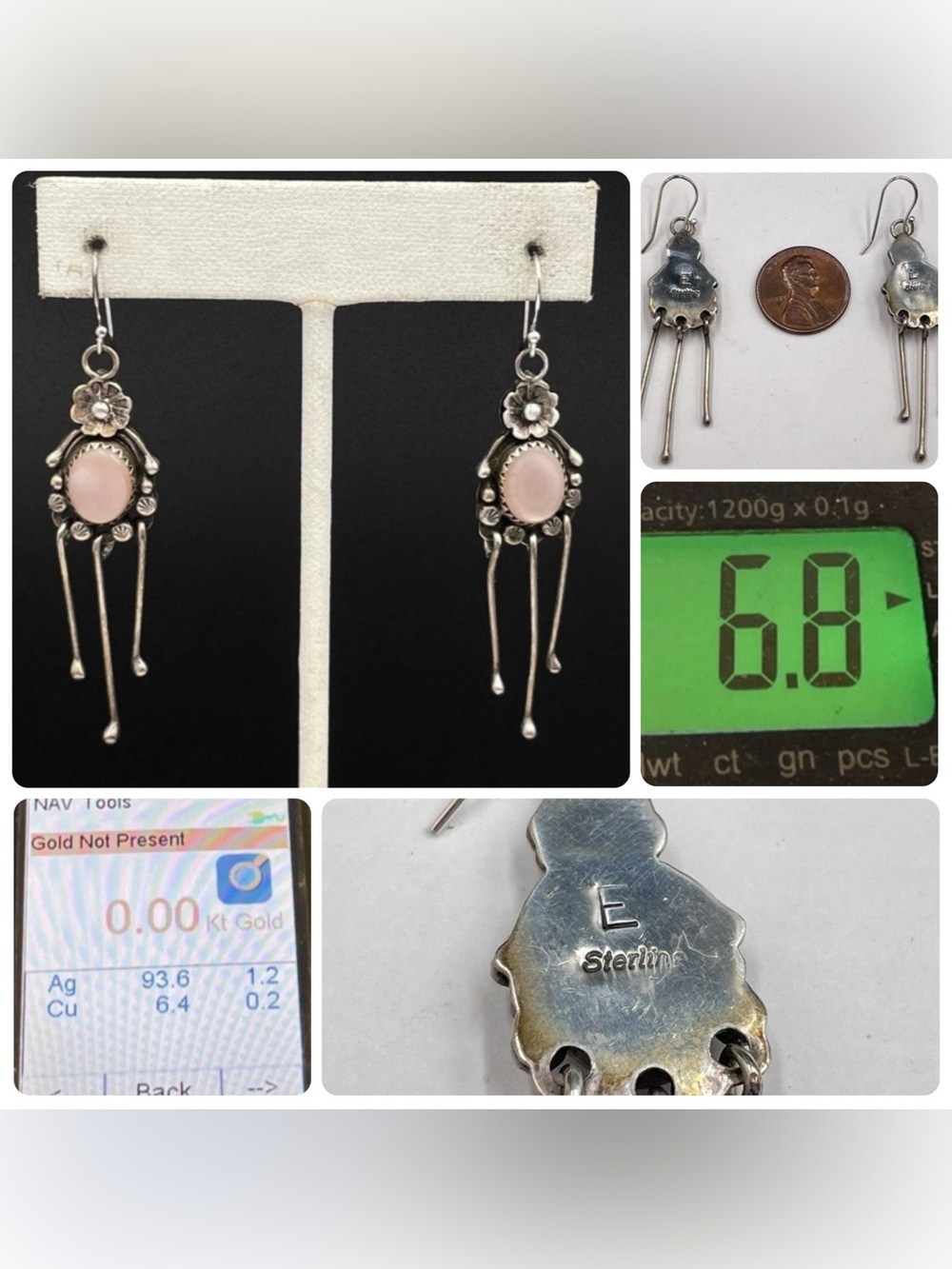 Vintage Navajo Sterling Silver Dangle Earrings Pink Stone Signed E 6.8g - Picture 9 of 9